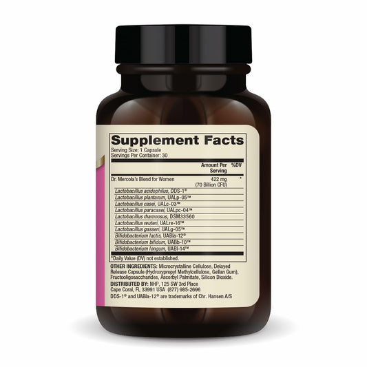Dr. Mercola Complete Probiotics for Women capsules close-up highlights delayed-release capsules for steady gut support.