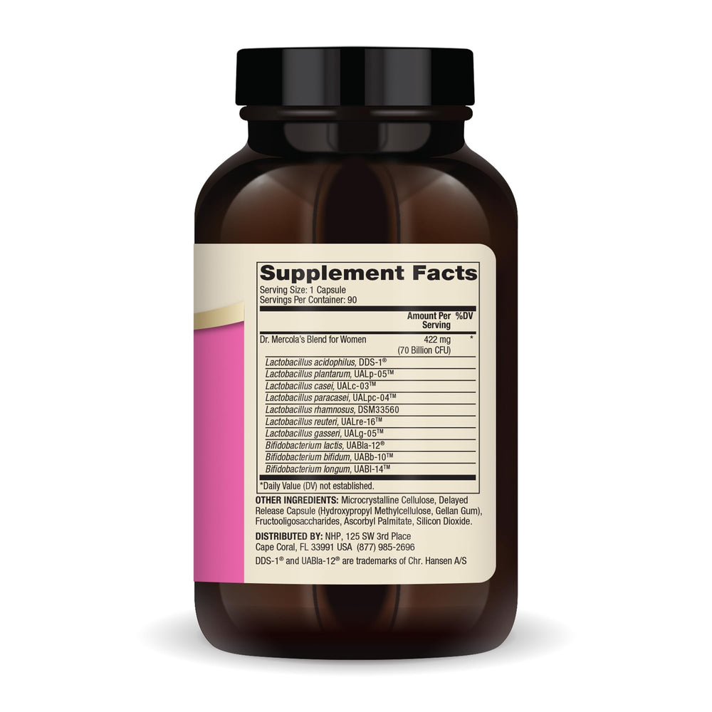 Dr. Mercola Complete Probiotics for Women capsules arranged for daily use.