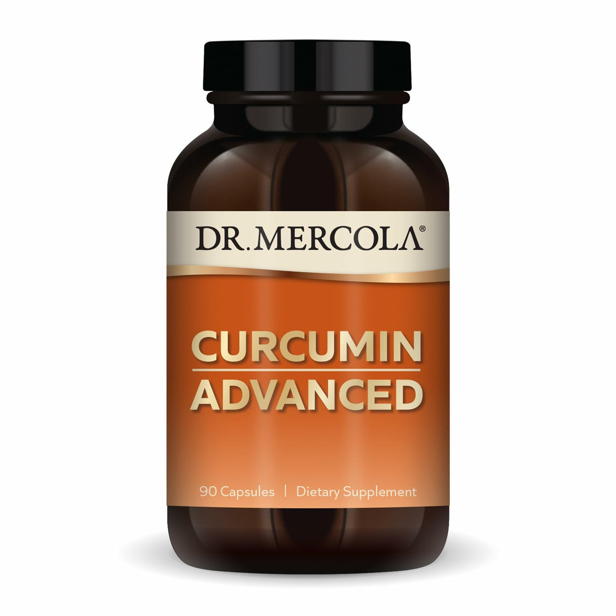 Dr Mercola Curcumin Advanced bottle label highlighting high curcuminoids for antioxidant support
