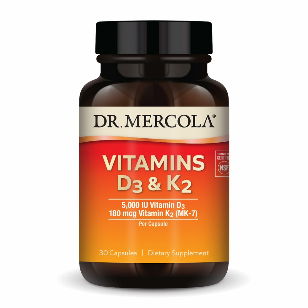 Dr. Mercola D3 & K2 bottle front highlighting potent capsules for daily immune and bone support.