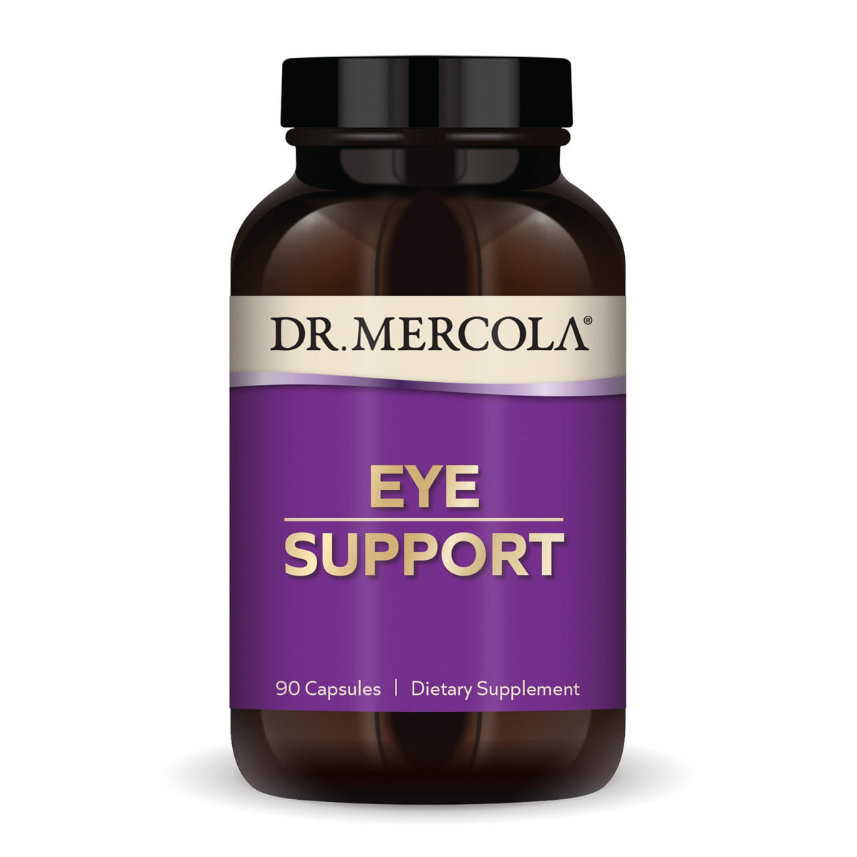 Dr. Mercola Eye Support bottle closeup highlighting the eye nutrition formula