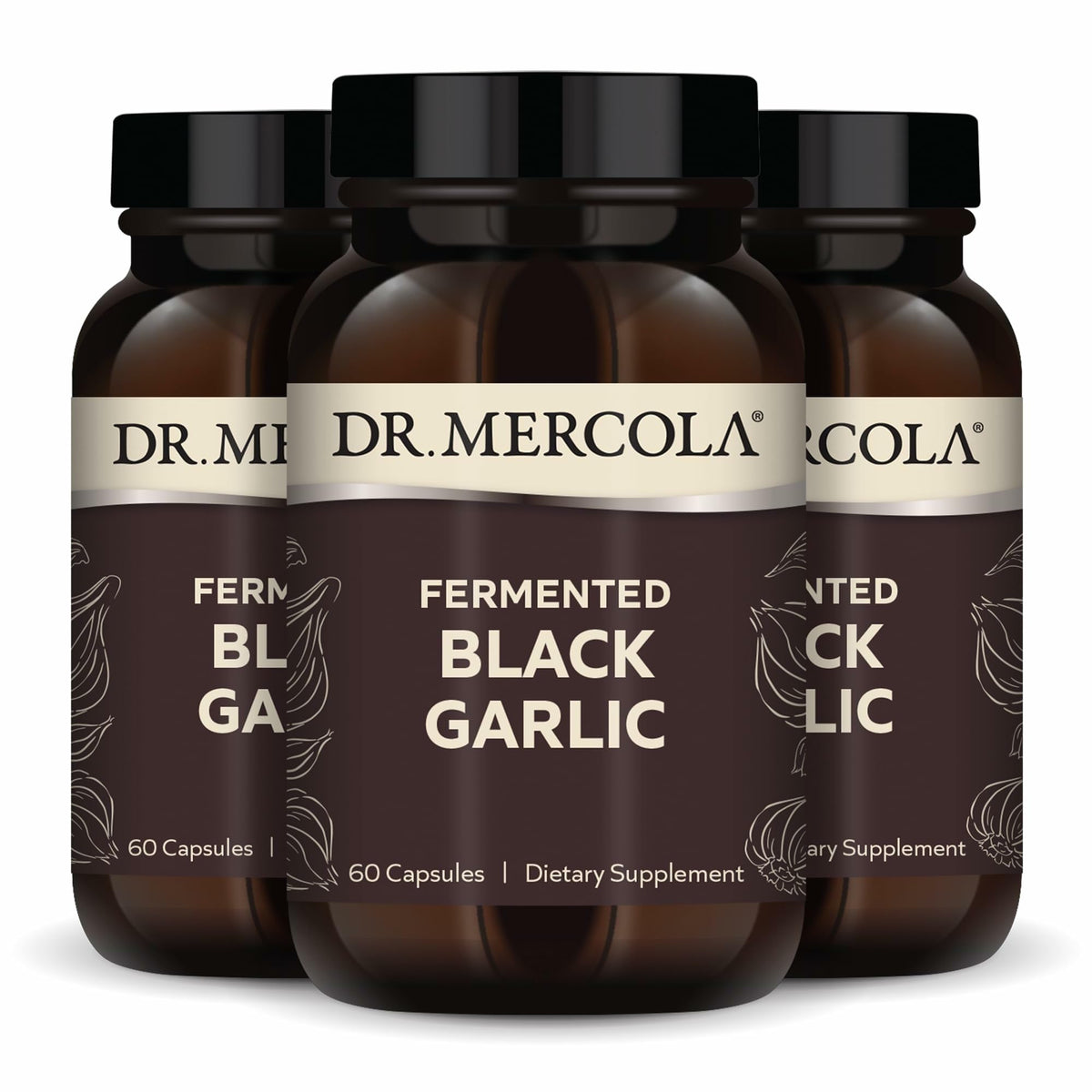Dr. Mercola Fermented Black Garlic bottle, non-GMO formula with immune support potential.