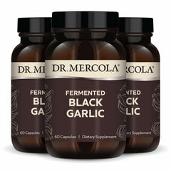 Dr. Mercola Fermented Black Garlic bottle, non-GMO formula with immune support potential.