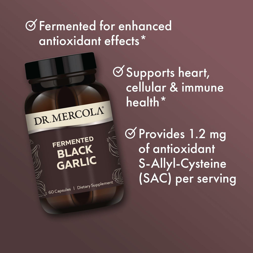 Dr. Mercola Fermented Black Garlic label detail emphasizing quality standards.