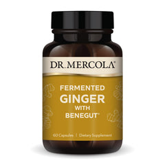 Dr. Mercola Fermented Ginger with Benegut bottle on countertop suggesting digestive support