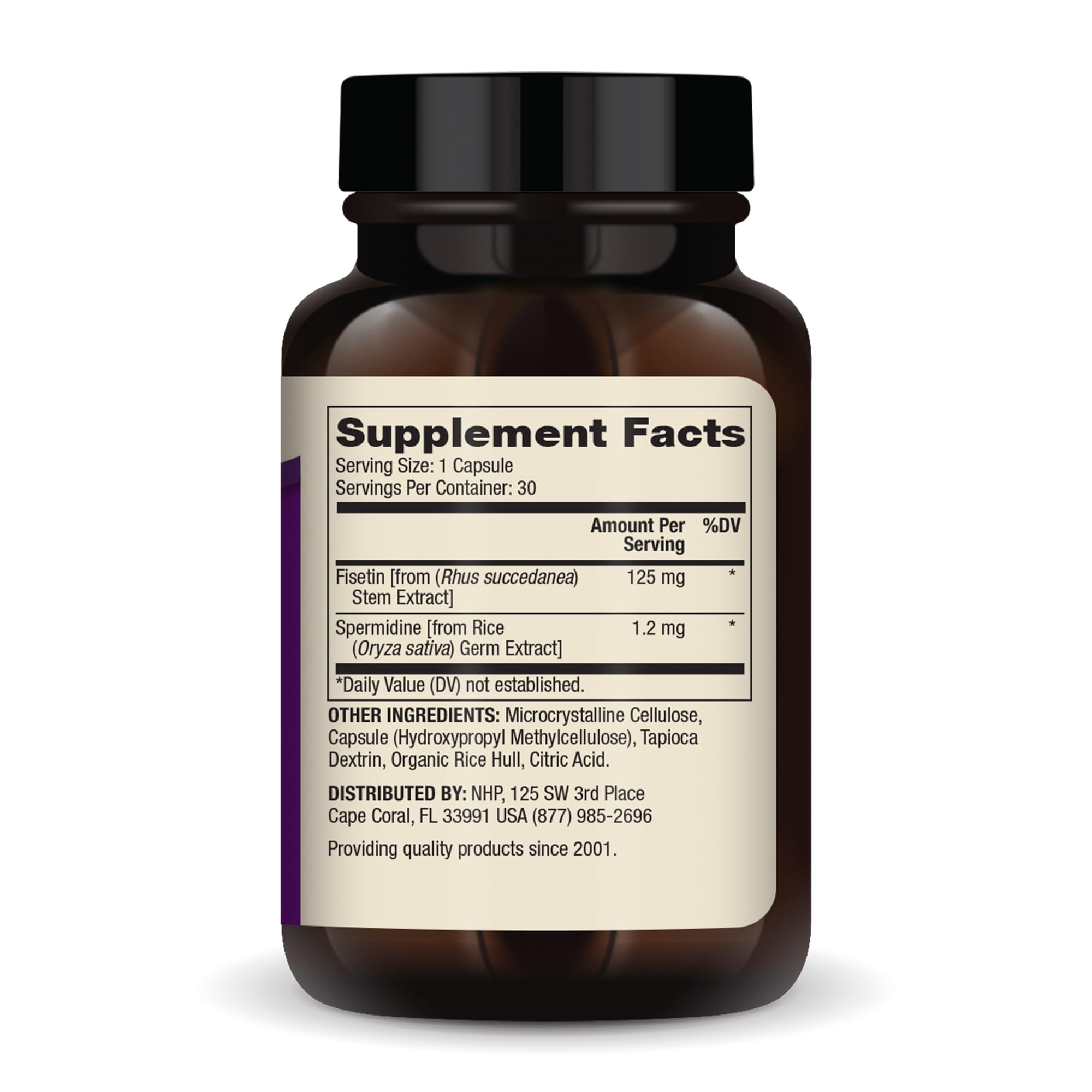 Dr. Mercola Fisetin Spermidine bottle back label with dosage and ingredient details.