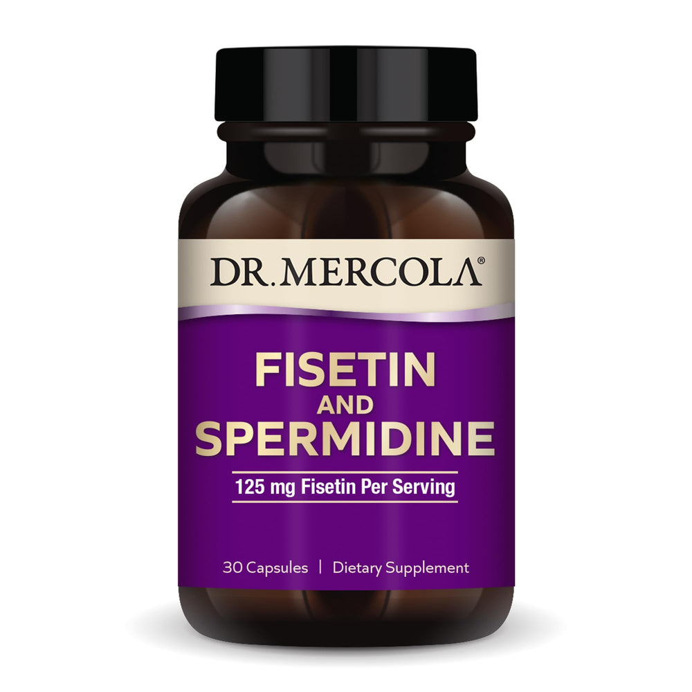 Dr. Mercola Fisetin Spermidine bottle front showing premium capsules for daily support.