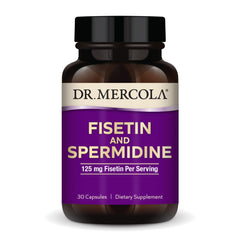 Dr. Mercola Fisetin Spermidine bottle front showing premium capsules for daily support.