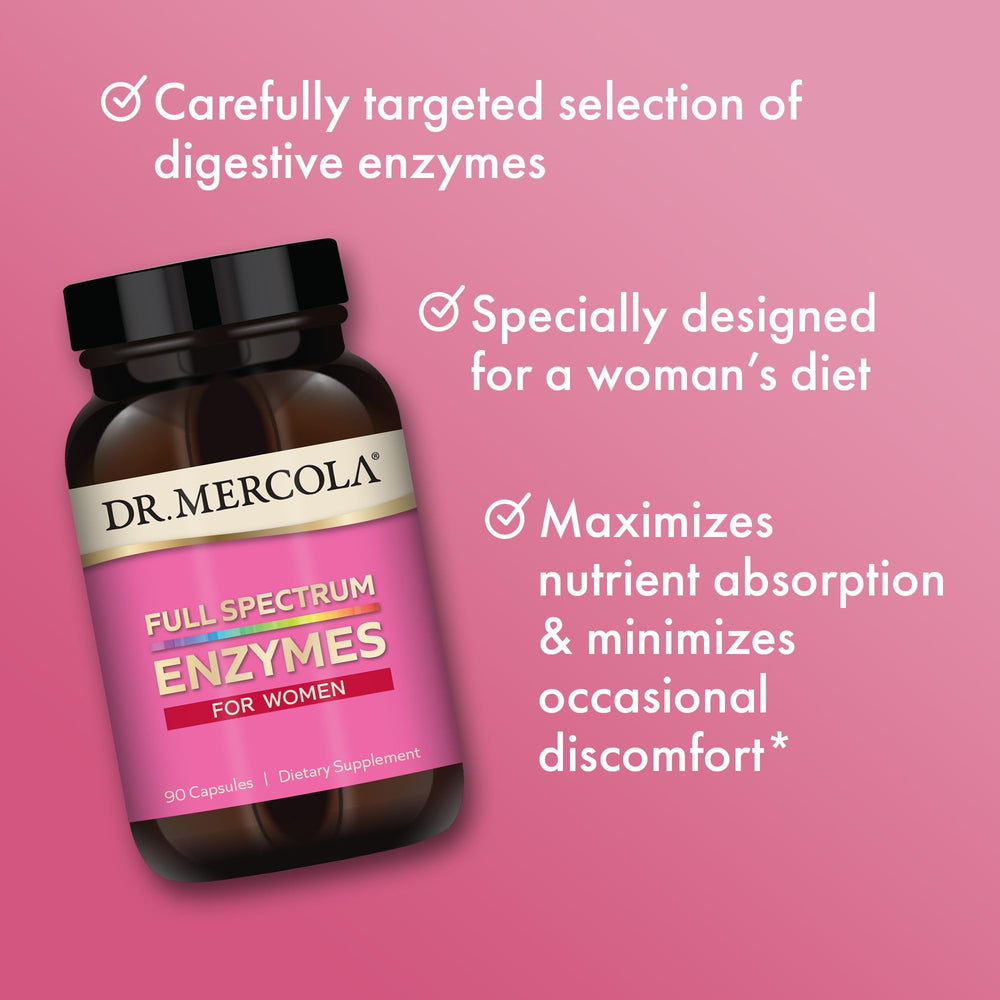 Dr. Mercola Full Spectrum Enzymes for Women ingredient panel features plant-based enzymes.