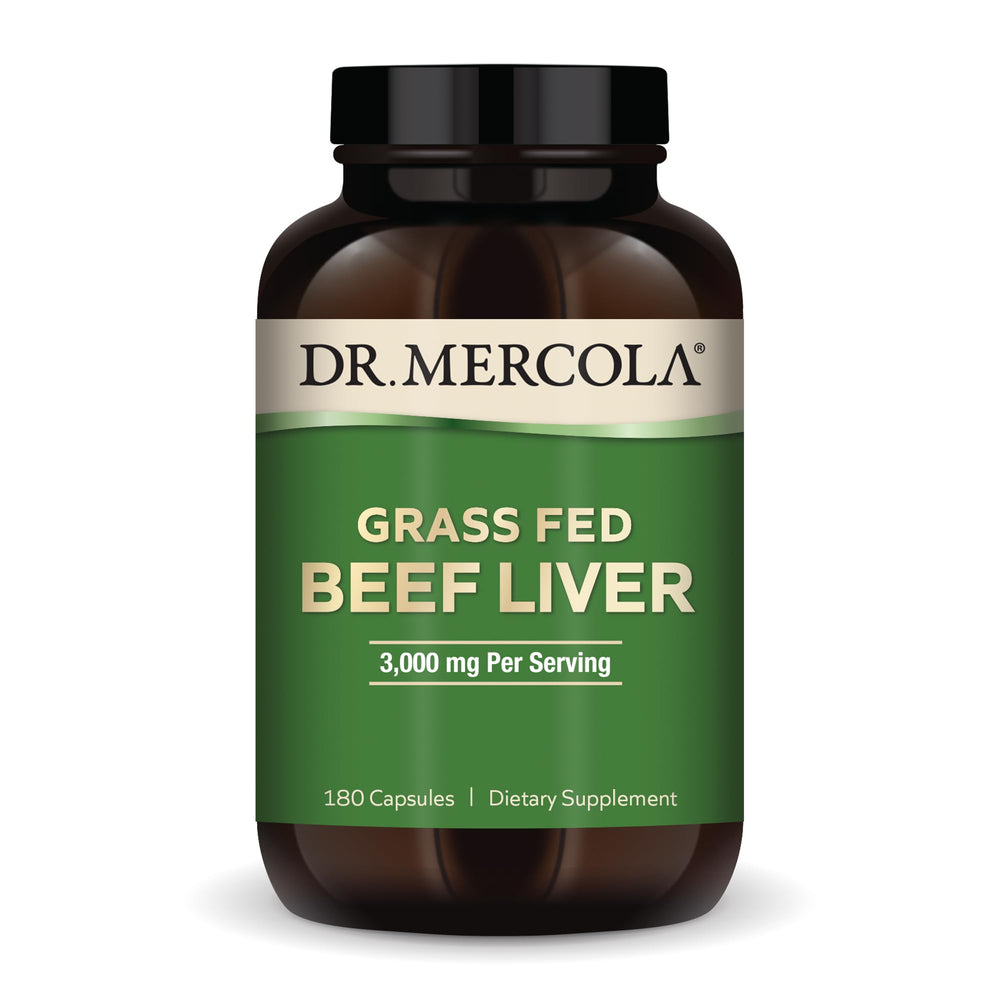 Dr. Mercola Grass Fed Beef Liver bottle for daily nutrient support.