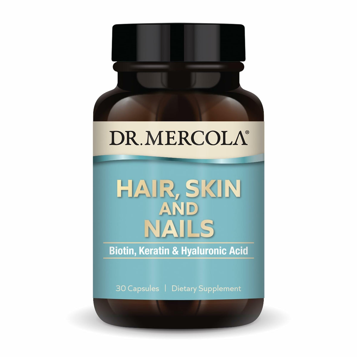 Dr. Mercola Hair, Skin and Nails bottle front highlights premium capsules for daily wellness.