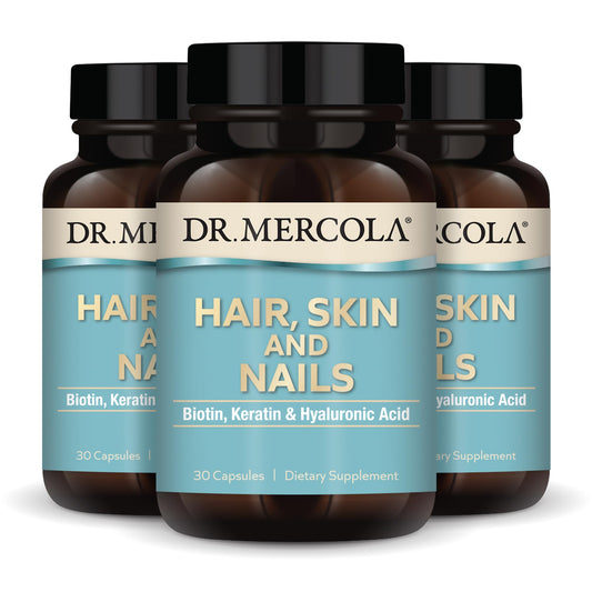 Dr. Mercola Hair, Skin and Nails bottle for daily beauty support.