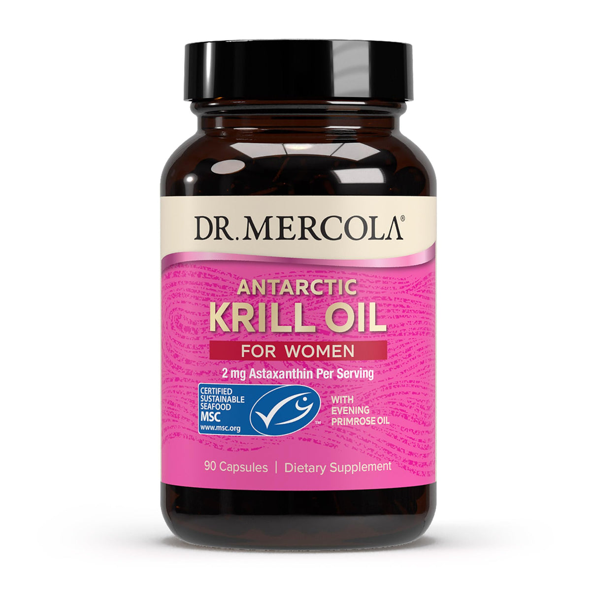 Dr. Mercola Krill Oil for Women bottle highlighting MSC-certified sustainability and omega-3 benefits.