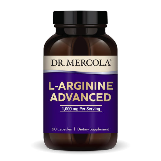 Dr. Mercola L-Arginine Advanced bottle on a clean surface for daily wellness support