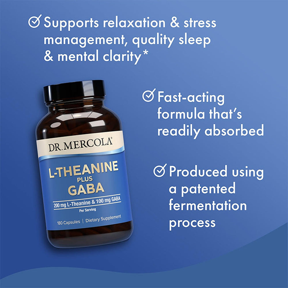 Dr Mercola L-Theanine Plus GABA bottle with 180 capsules for daily use