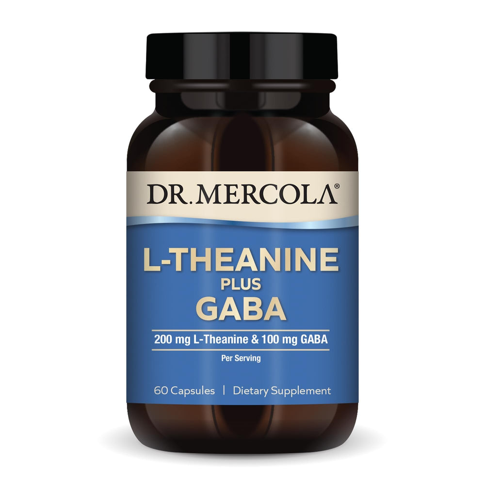Dr. Mercola L-Theanine Plus GABA bottle front view highlighting calm focus.