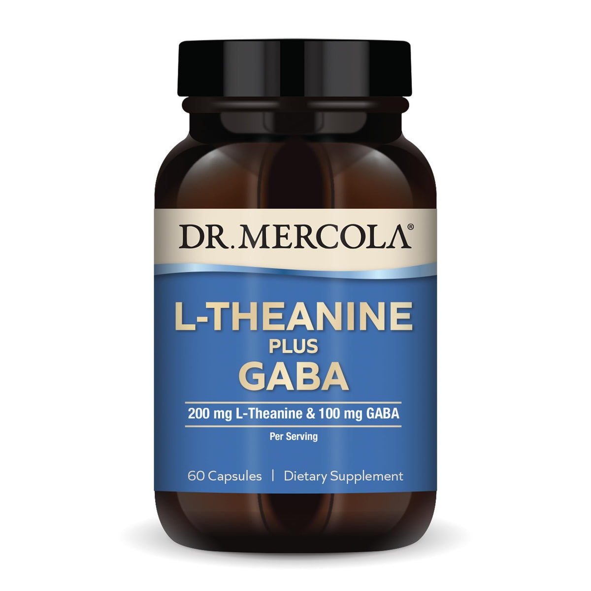 Dr. Mercola L-Theanine Plus GABA bottle front view highlighting calm focus.