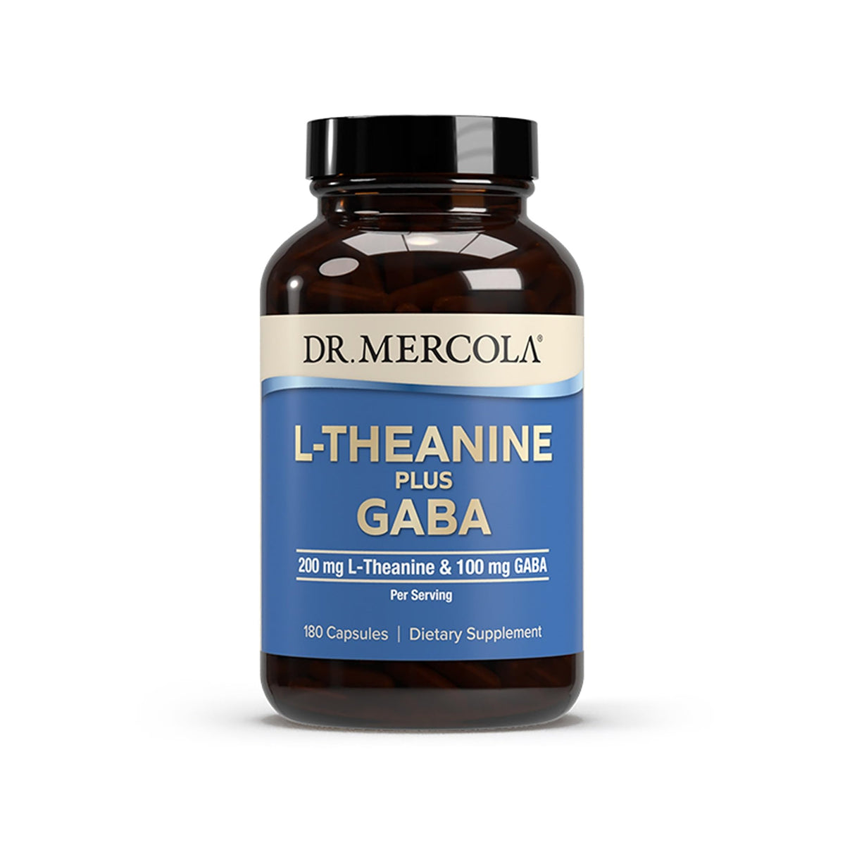 Dr Mercola L-Theanine Plus GABA bottle label promoting calm focus