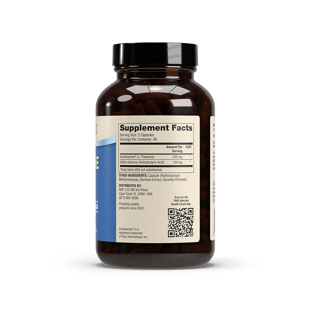 Dr Mercola L-Theanine Plus GABA capsules pouring for daily relaxation