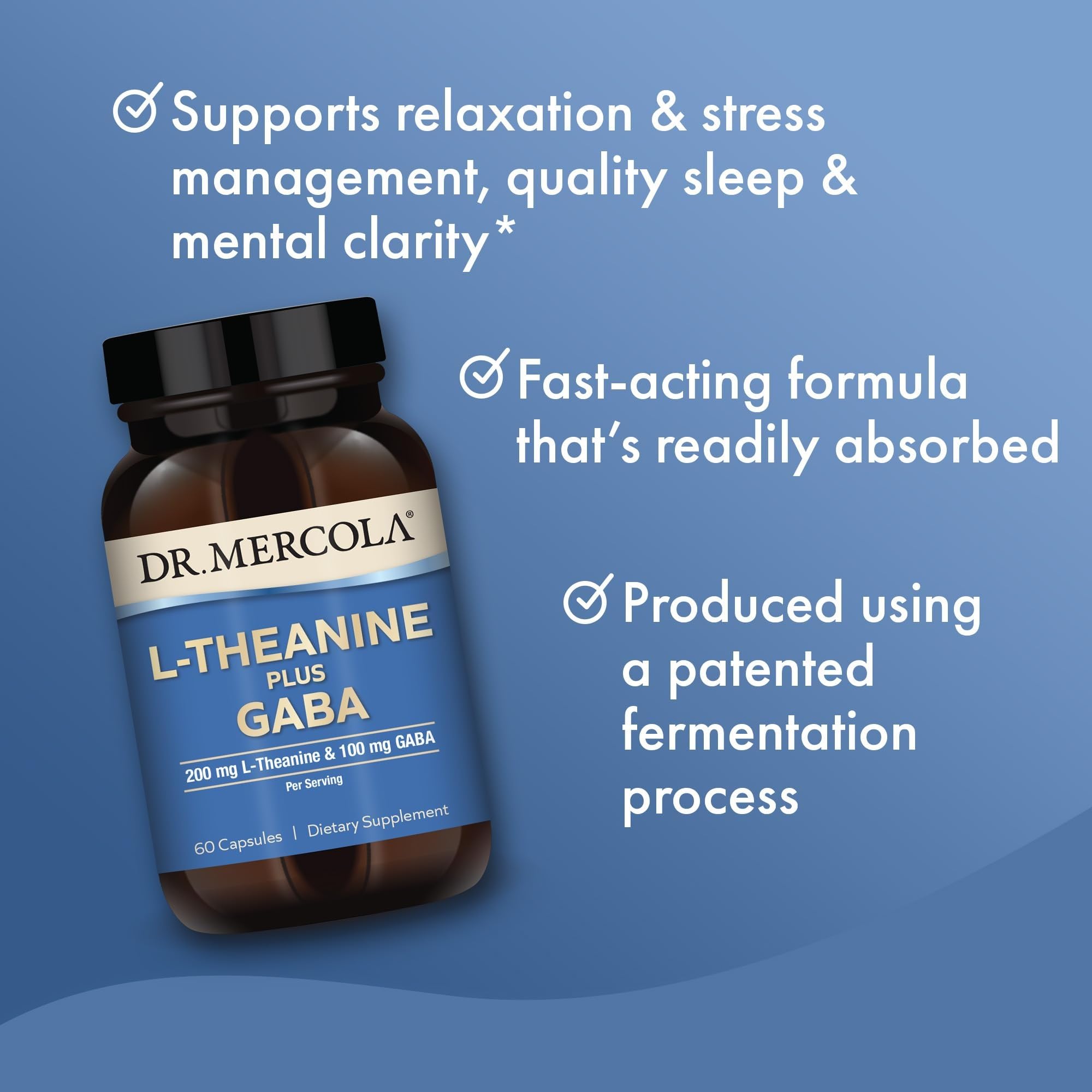 Label close-up of Dr. Mercola L-Theanine Plus GABA emphasizing non-GMO formula.