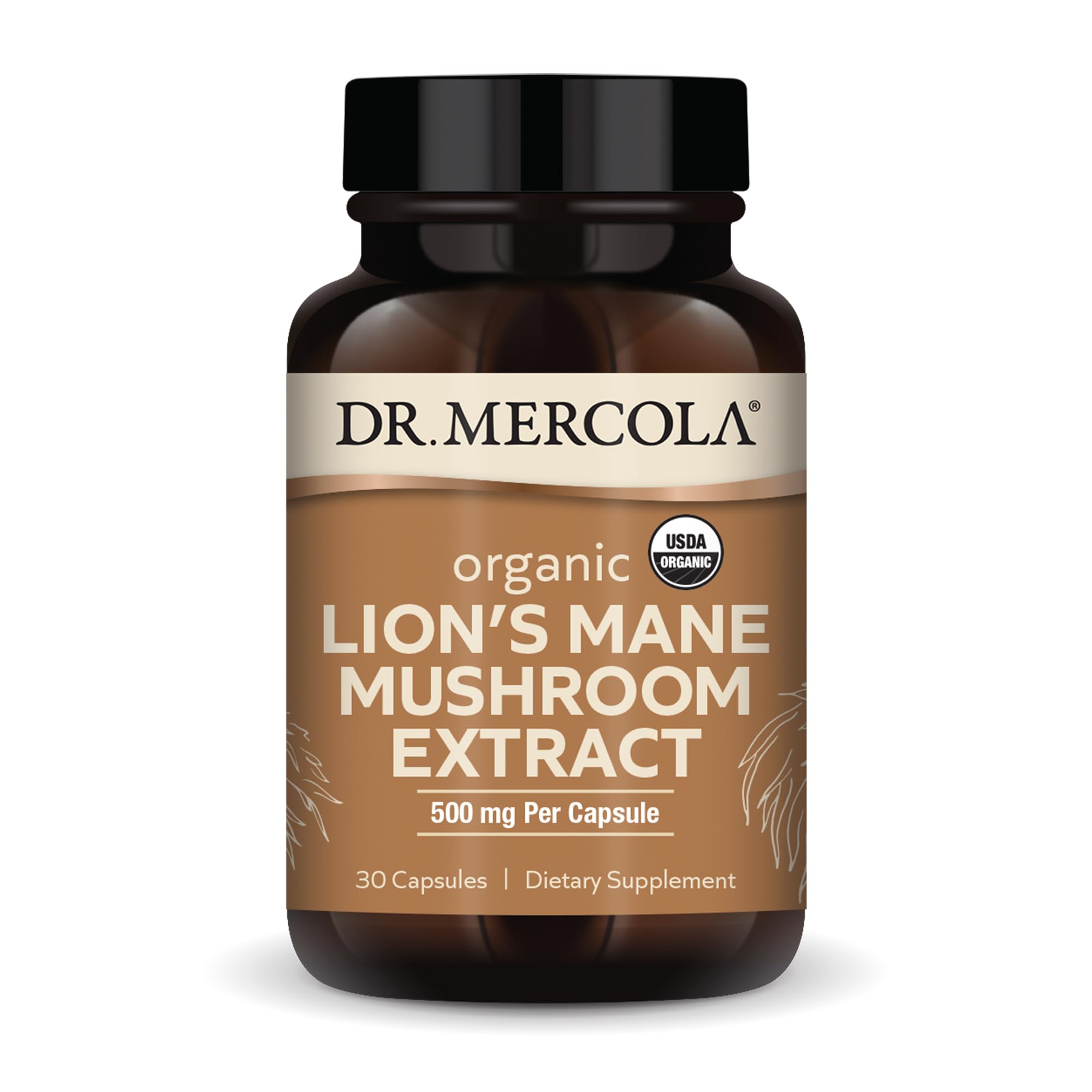 Dr. Mercola Lion's Mane bottle with capsules suggesting cognitive support potential