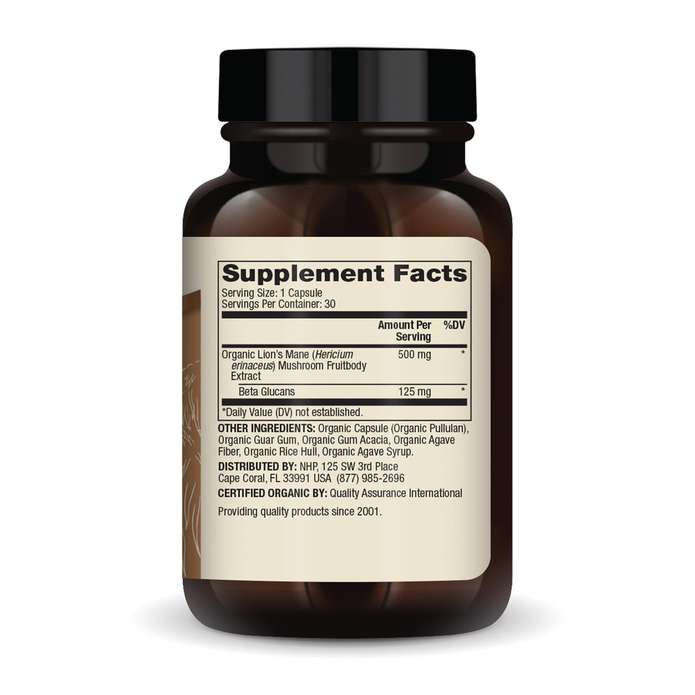 Close-up of Lion's Mane capsule highlighting 25% beta-glucans for potency