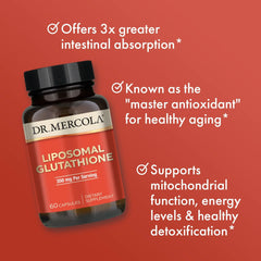 Dr. Mercola Liposomal Glutathione capsule closeup showing 350 mg per serving