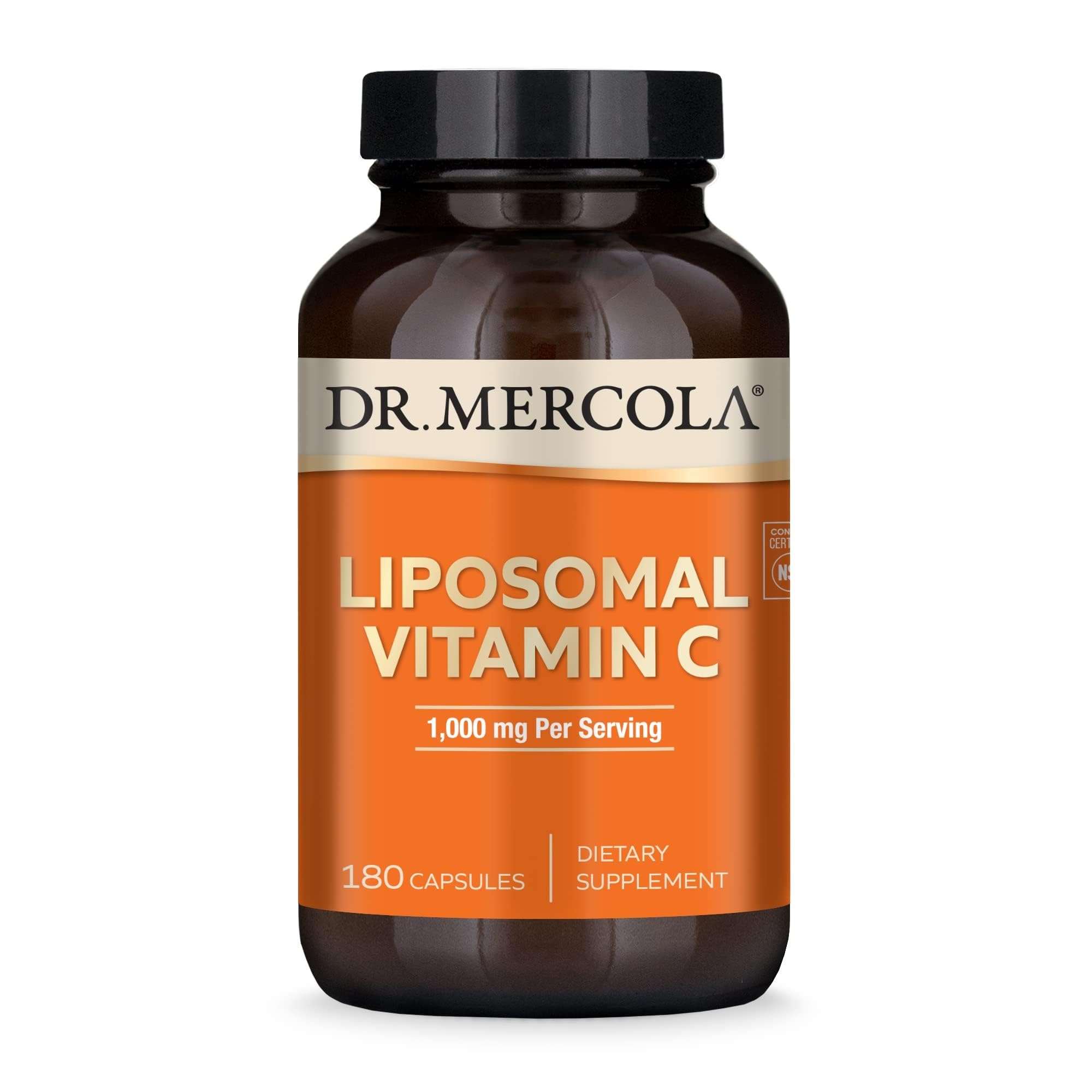 Dr Mercola Liposomal Vitamin C bottle highlights 1,000 mg per serving for potential immune support
