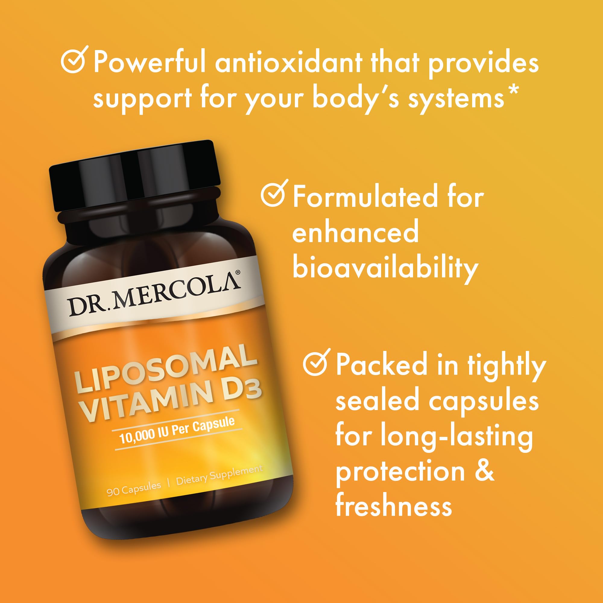 Dr. Mercola Liposomal Vitamin D3 bottle on a table in a clean kitchen setting
