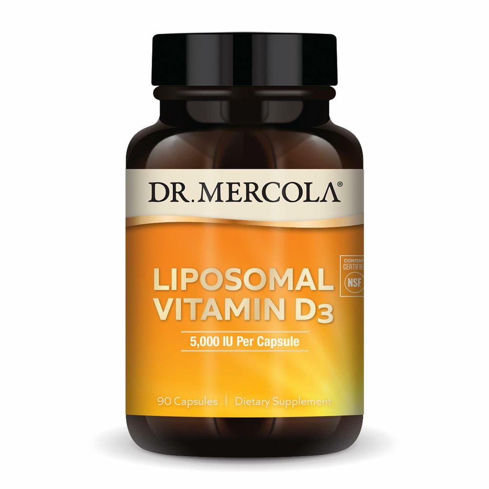 Dr. Mercola Liposomal Vitamin D3 bottle on table, highlighting daily wellness support.