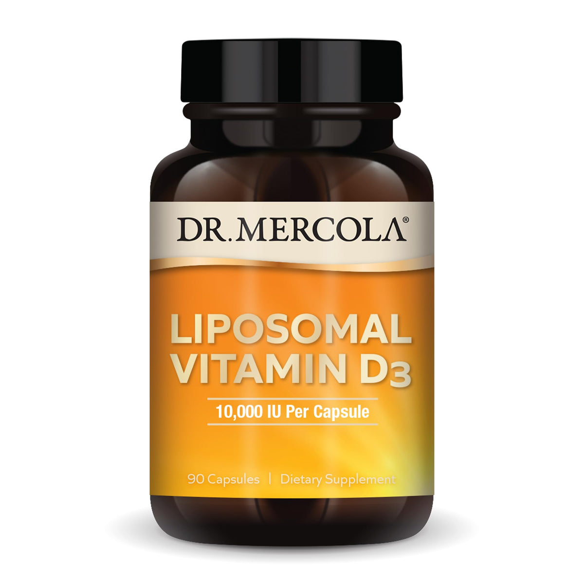 Dr. Mercola Liposomal Vitamin D3 capsules bottle showing 10,000 IU per serving for bone support