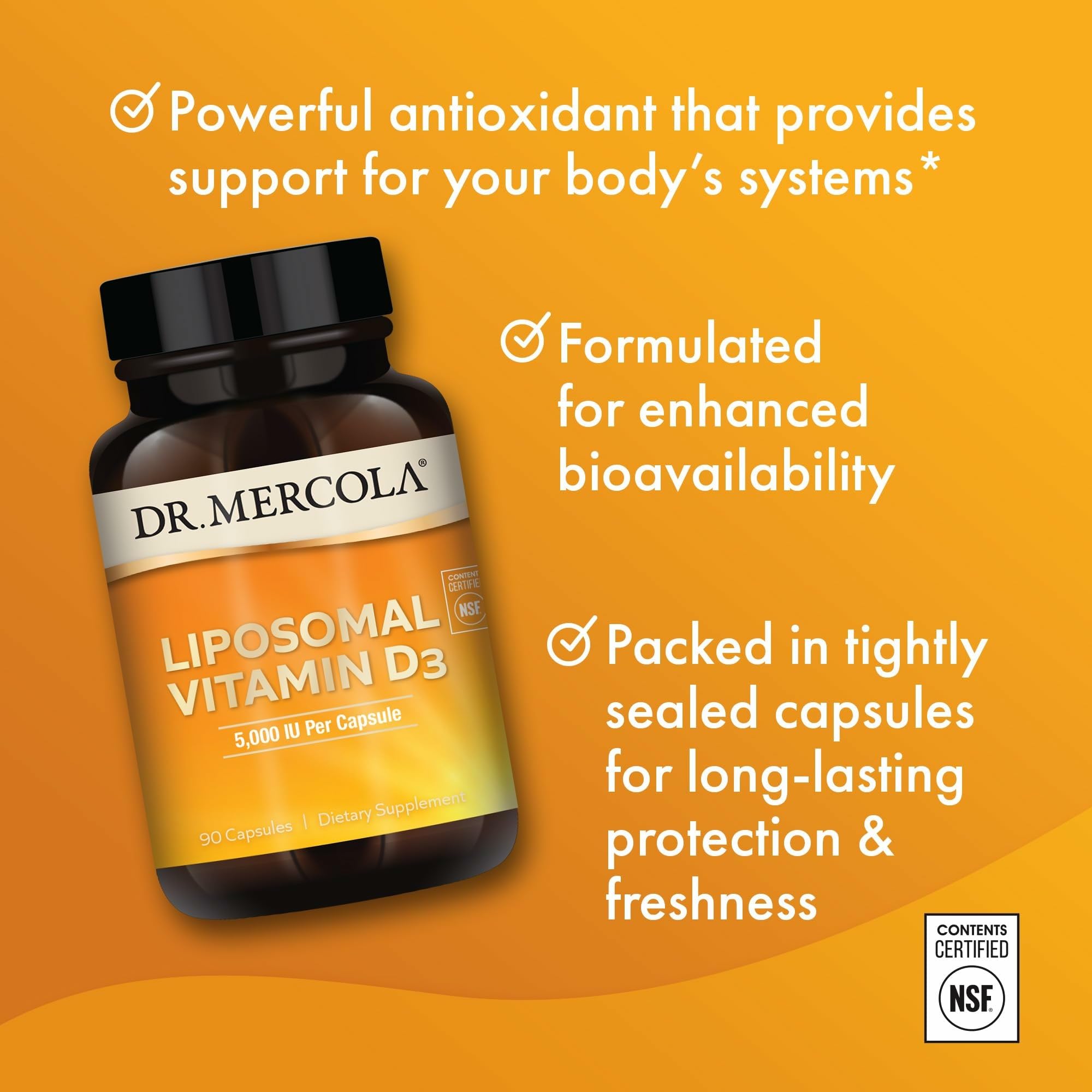 Dr. Mercola Liposomal Vitamin D3 serving setup with glass for daily use.