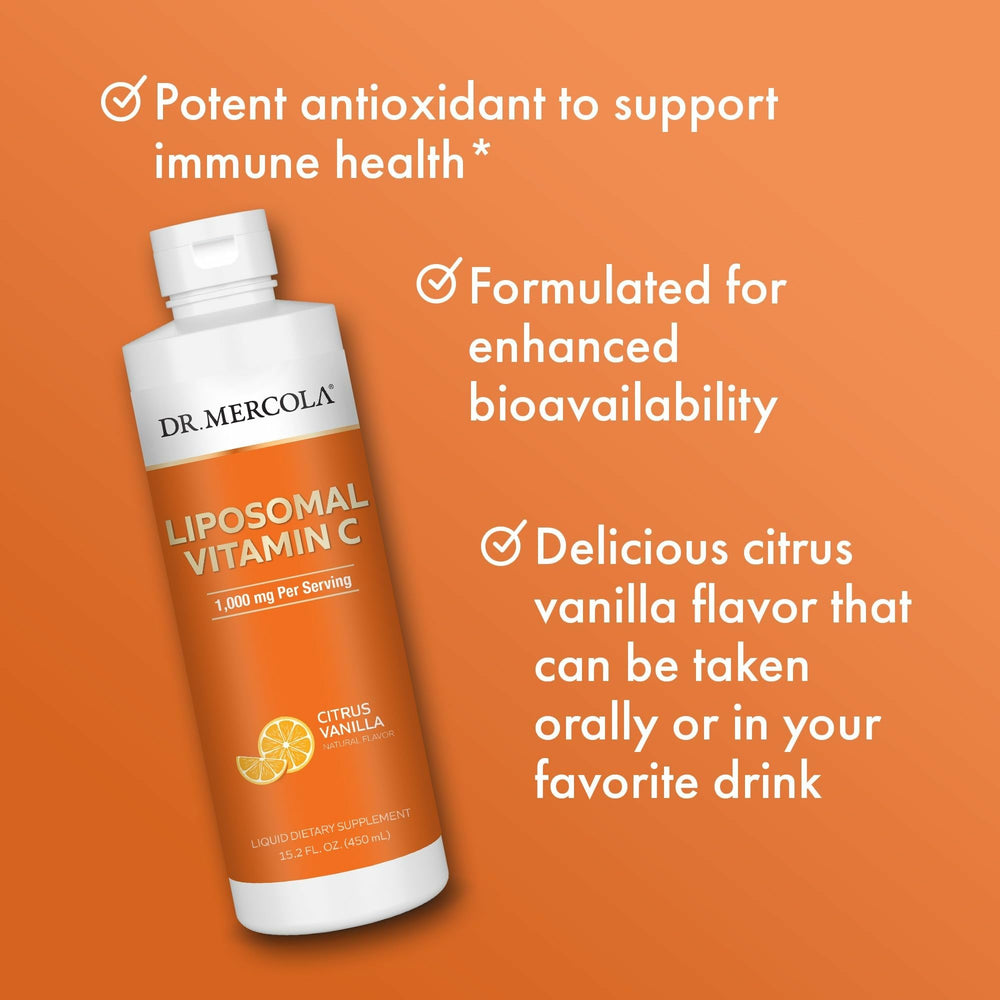 Glass with Dr. Mercola Liposomal Vitamin C mixed in beverage.