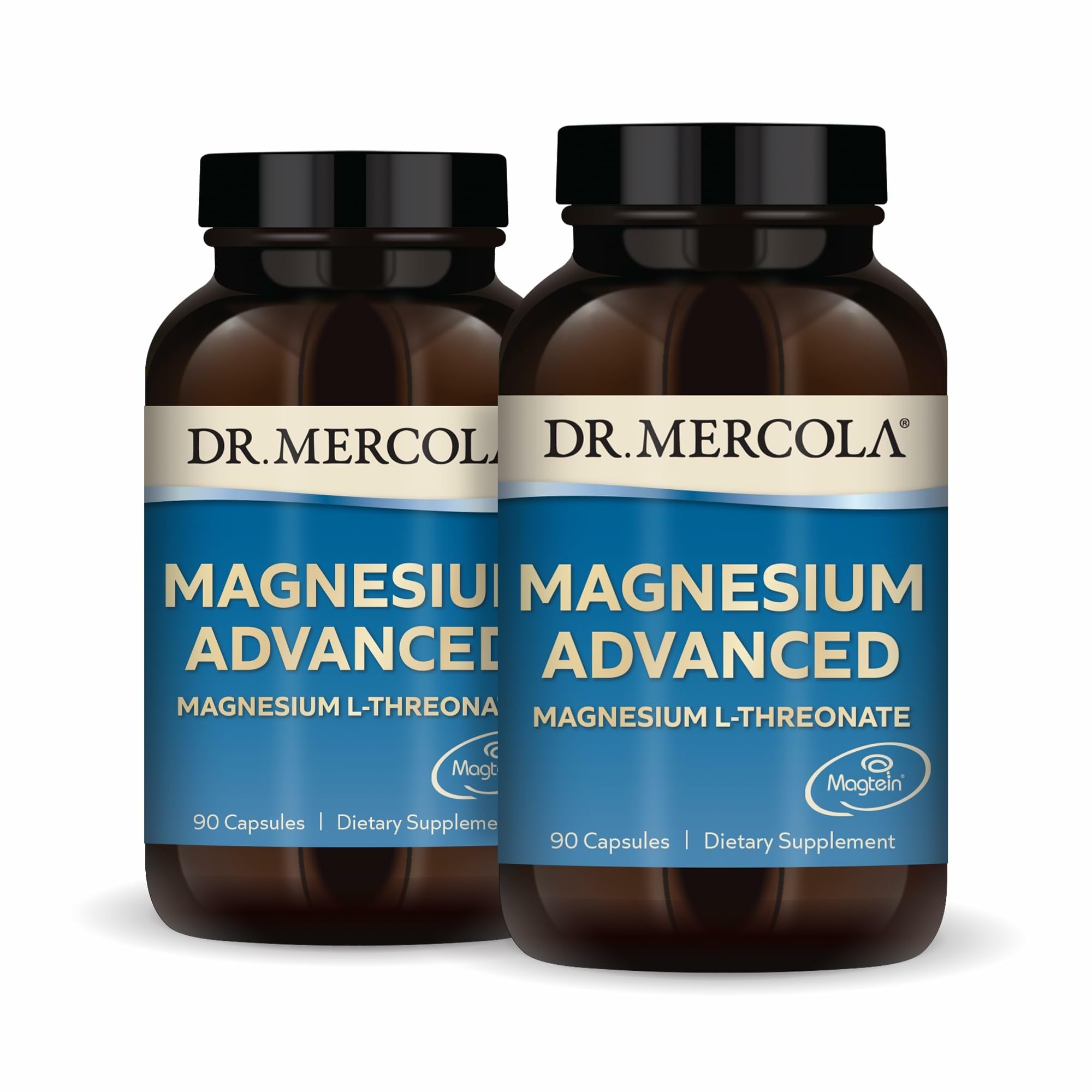 Dr. Mercola Magnesium Advanced bottle pour illustrating easy dosing for daily brain support.