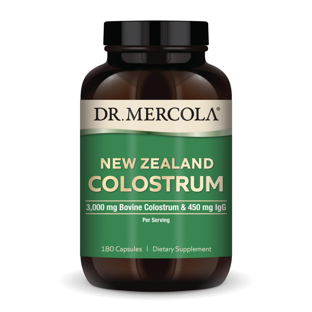 Dr. Mercola New Zealand Colostrum bottle highlighting 3,000 mg content for immune support