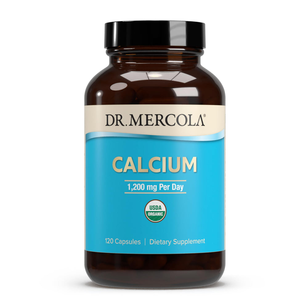 Dr. Mercola Organic Calcium bottle closeup shows 1200 mg daily bone support.