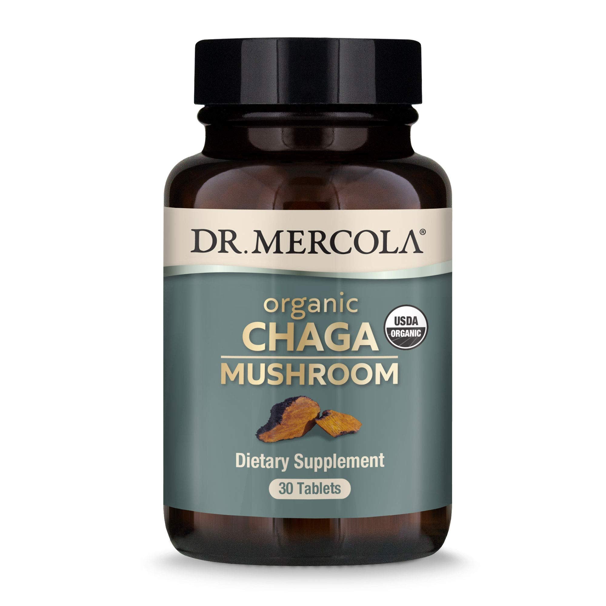 Dr. Mercola Organic Chaga Mushroom bottle with capsules for immune support.