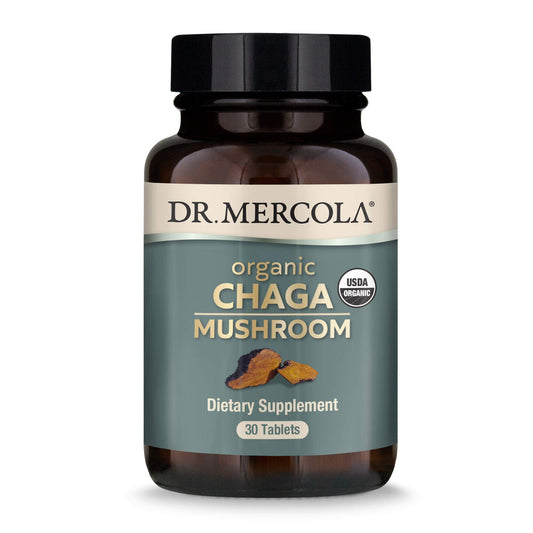 Dr. Mercola Organic Chaga Mushroom bottle with capsules for immune support.