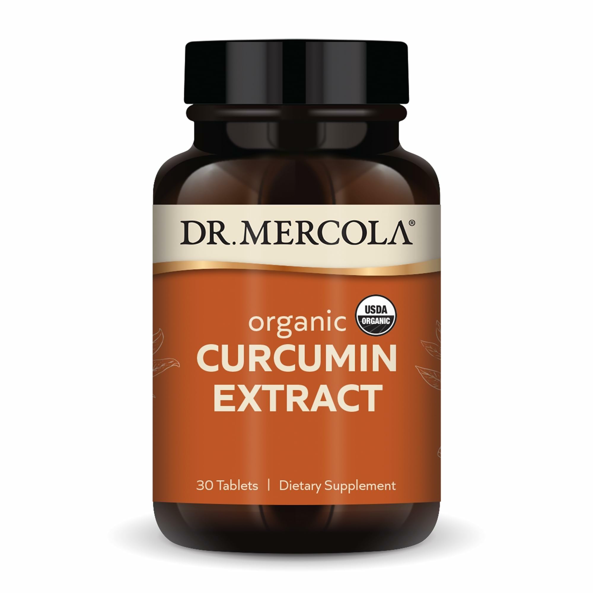 Dr. Mercola Organic Curcumin Extract bottle front view for convenient daily antioxidant support.