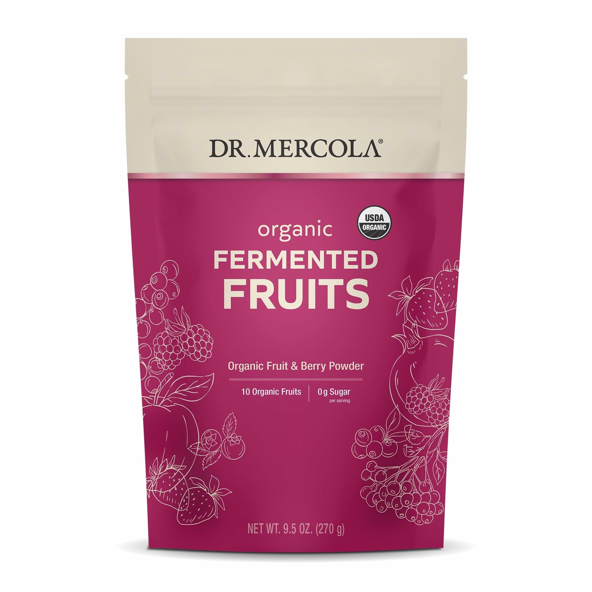 Dr. Mercola Organic Fermented Fruits jar highlights organic ingredients for easy digestion support.