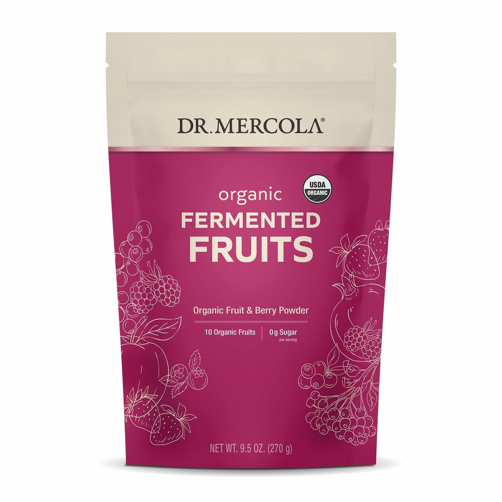 Dr. Mercola Organic Fermented Fruits jar highlights organic ingredients for easy digestion support.