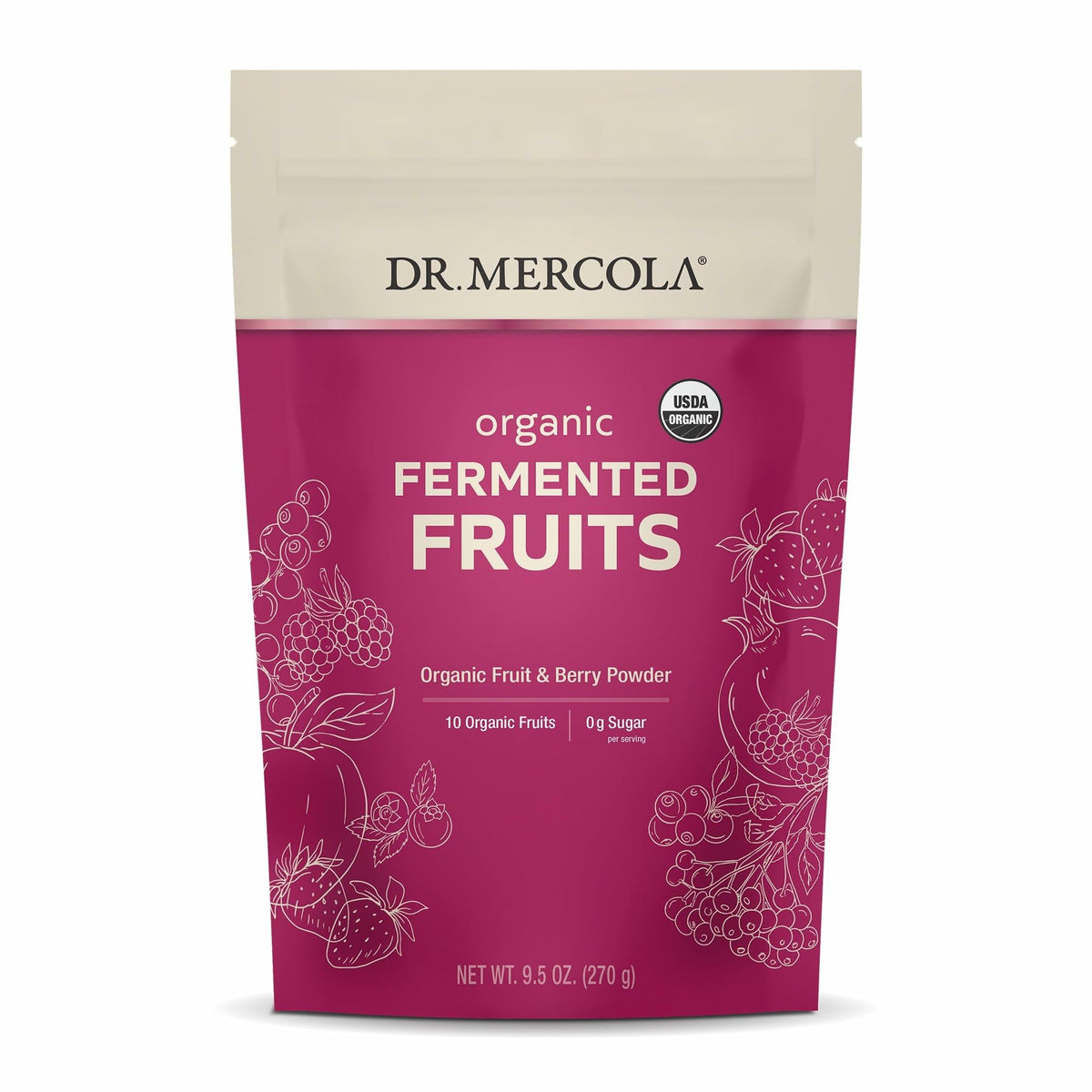 Dr. Mercola Organic Fermented Fruits jar highlights organic ingredients for easy digestion support.