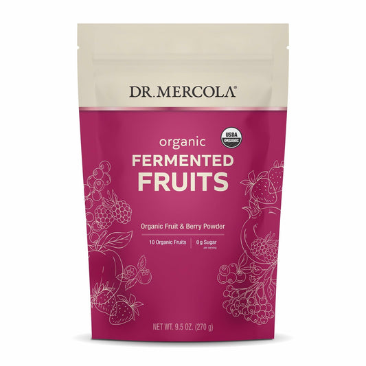 Dr. Mercola Organic Fermented Fruits jar highlights organic ingredients for easy digestion support.