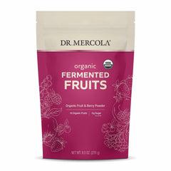 Dr. Mercola Organic Fermented Fruits jar highlights organic ingredients for easy digestion support.