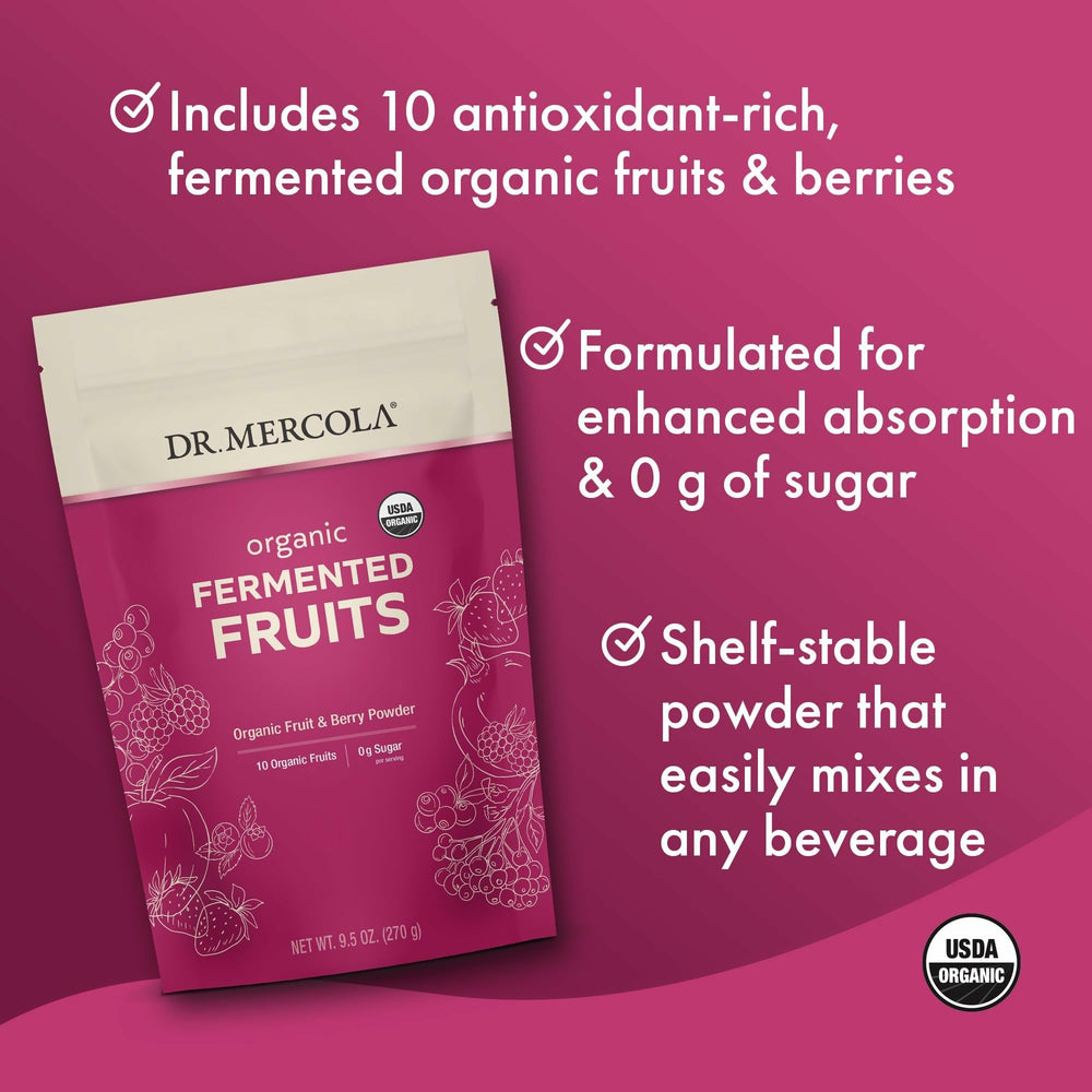 Close-up of Dr. Mercola Organic Fermented Fruits label showing non-GMO and gluten-free status.
