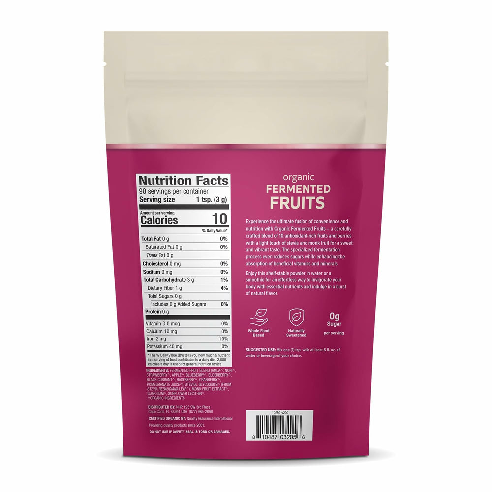 Dr. Mercola Organic Fermented Fruits powder tin ready to mix into drinks for convenient nutrition.
