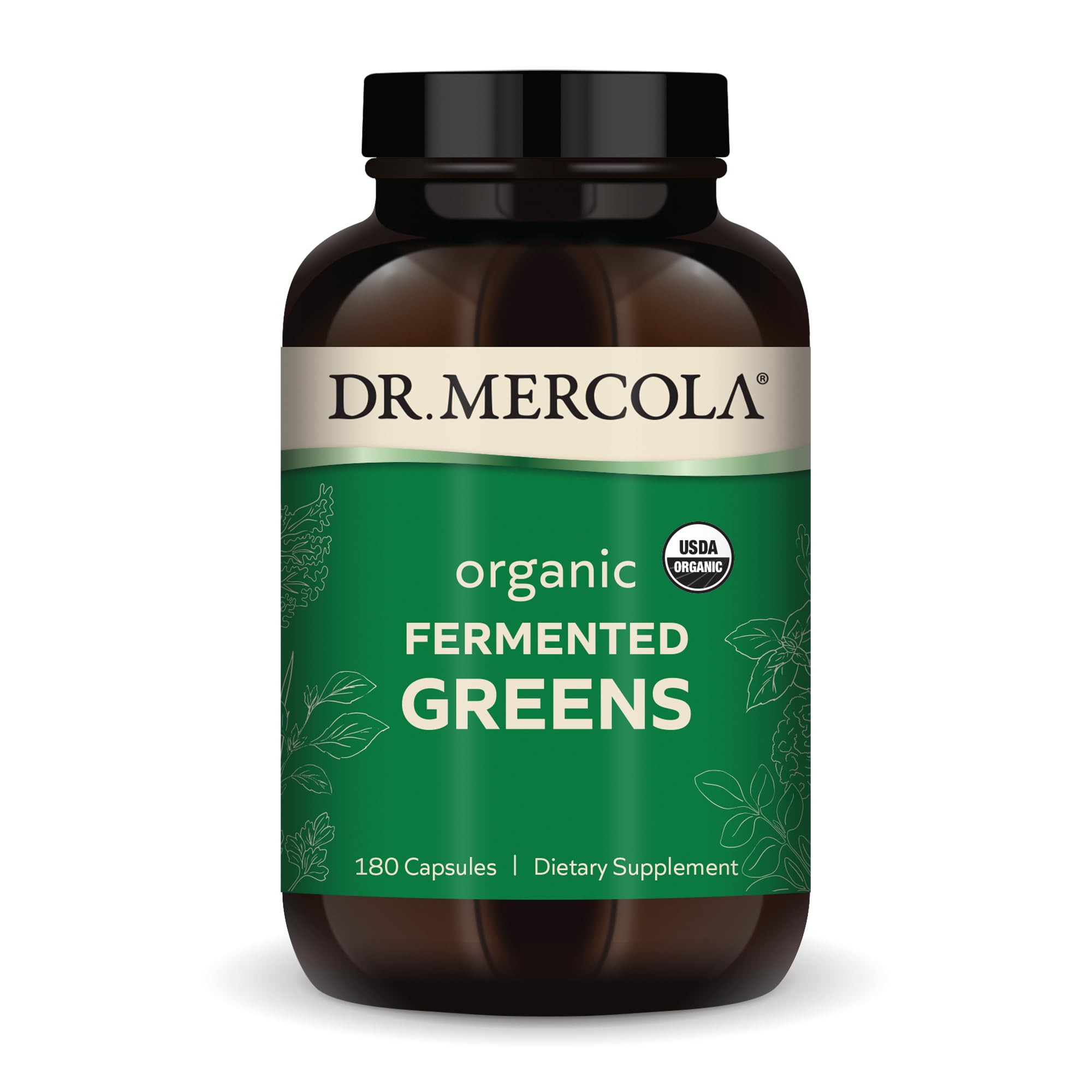 Dr. Mercola Organic Fermented Greens bottle close-up illustrating vibrant greens for daily nutrition support.