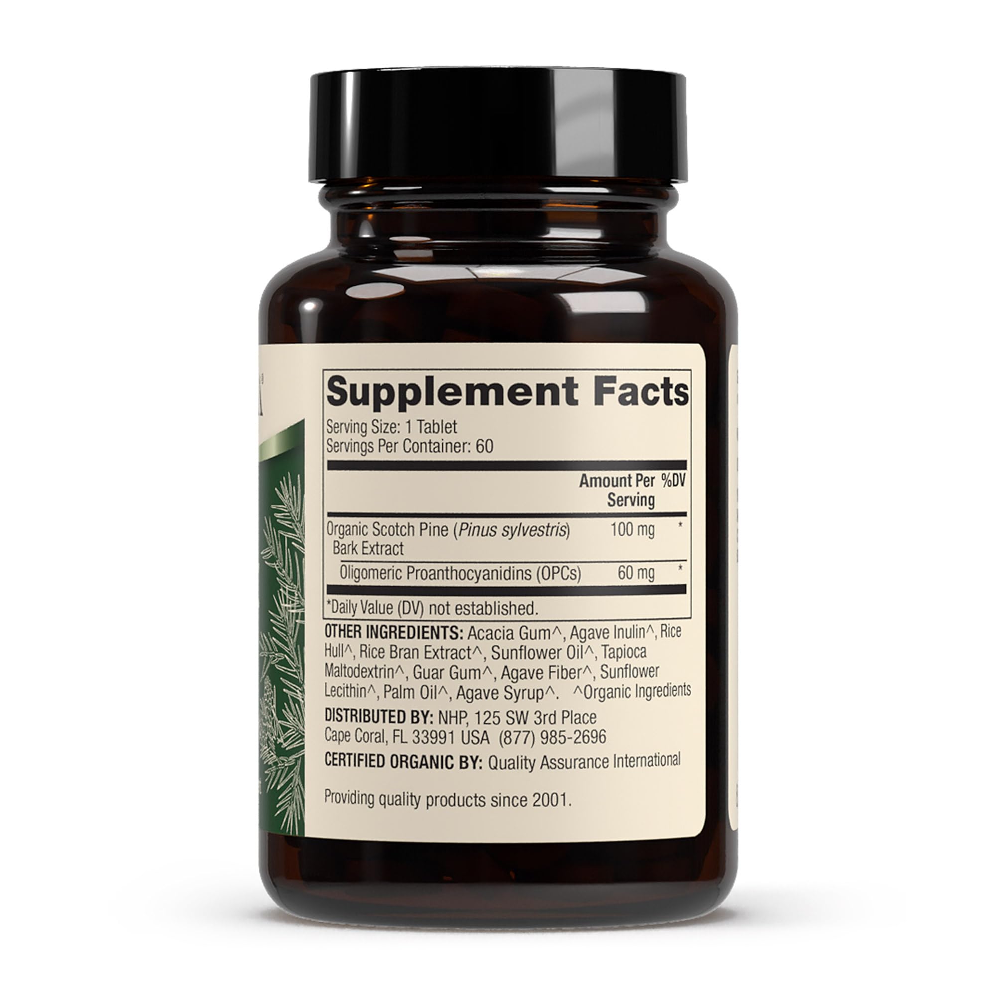 Close-up of tablets from Dr. Mercola Pine Bark Extract for convenient daily use.