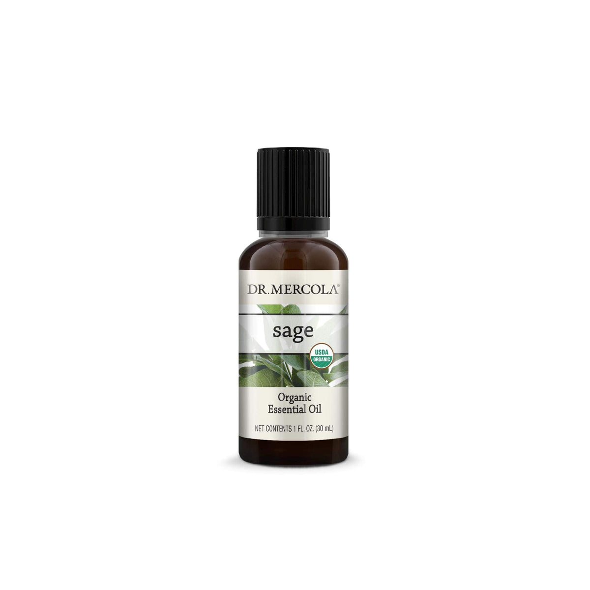 Dr. Mercola Organic Sage Essential Oil bottle pour for diffuser use and mood support