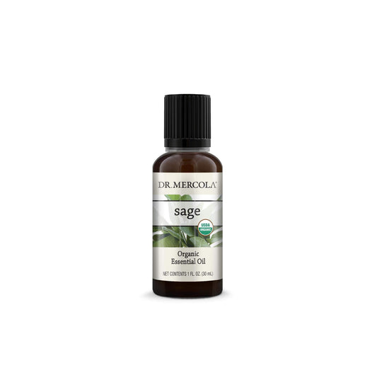 Dr. Mercola Organic Sage Essential Oil bottle pour for diffuser use and mood support